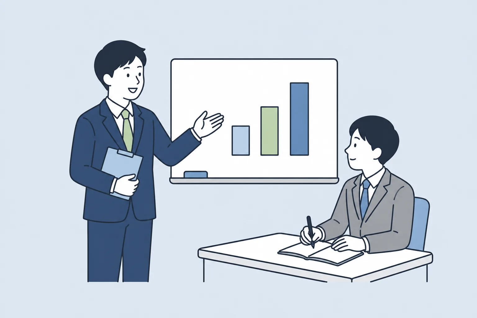 新人研修で先輩から基本を学ぶ様子