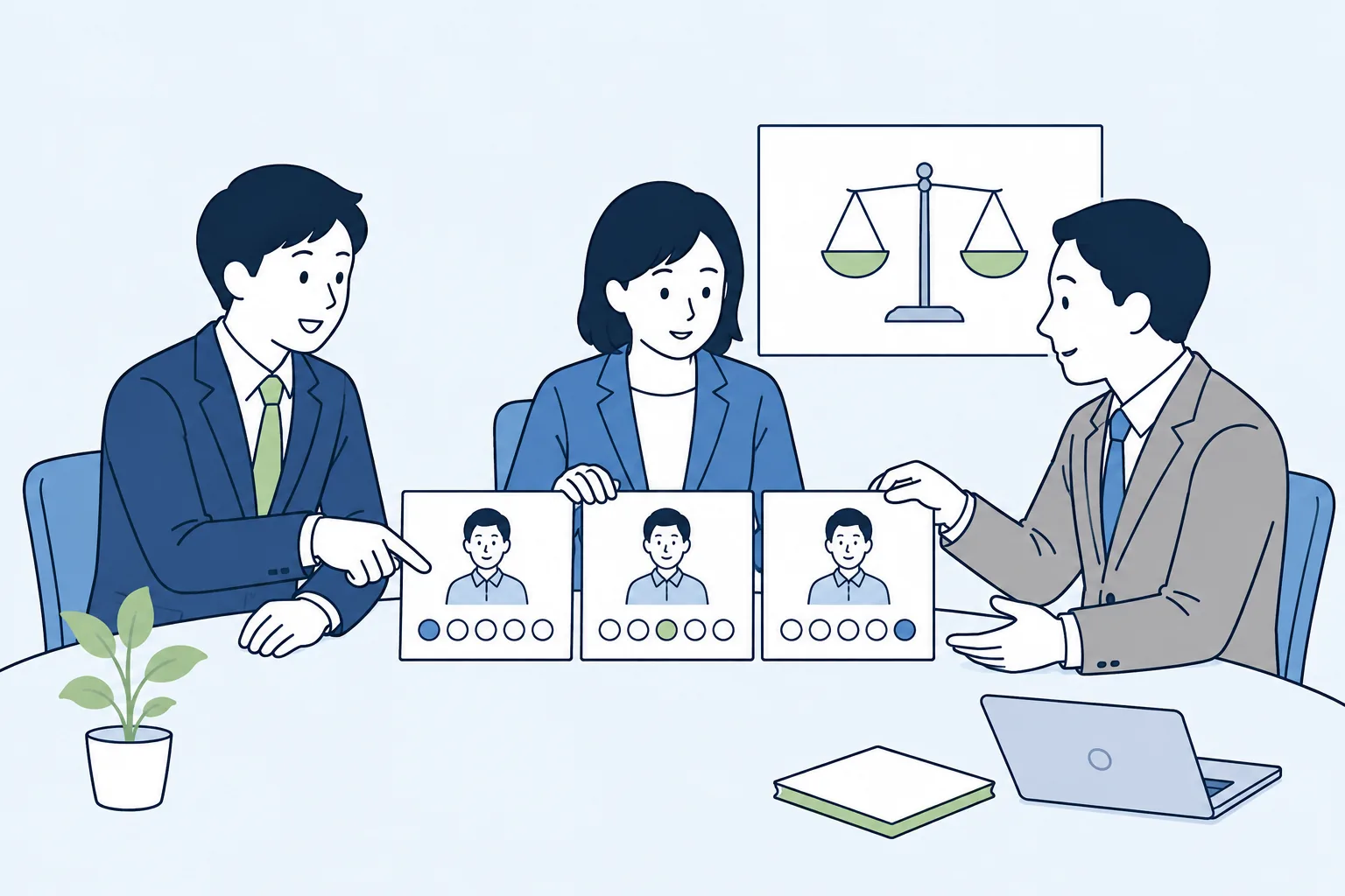 評価基準を解釈し、判断のばらつきを検証する様子